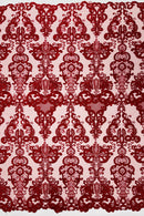 King Lace Design Fabric - Burgundy - King Design with Sequins Embroidered On Mesh By Yard