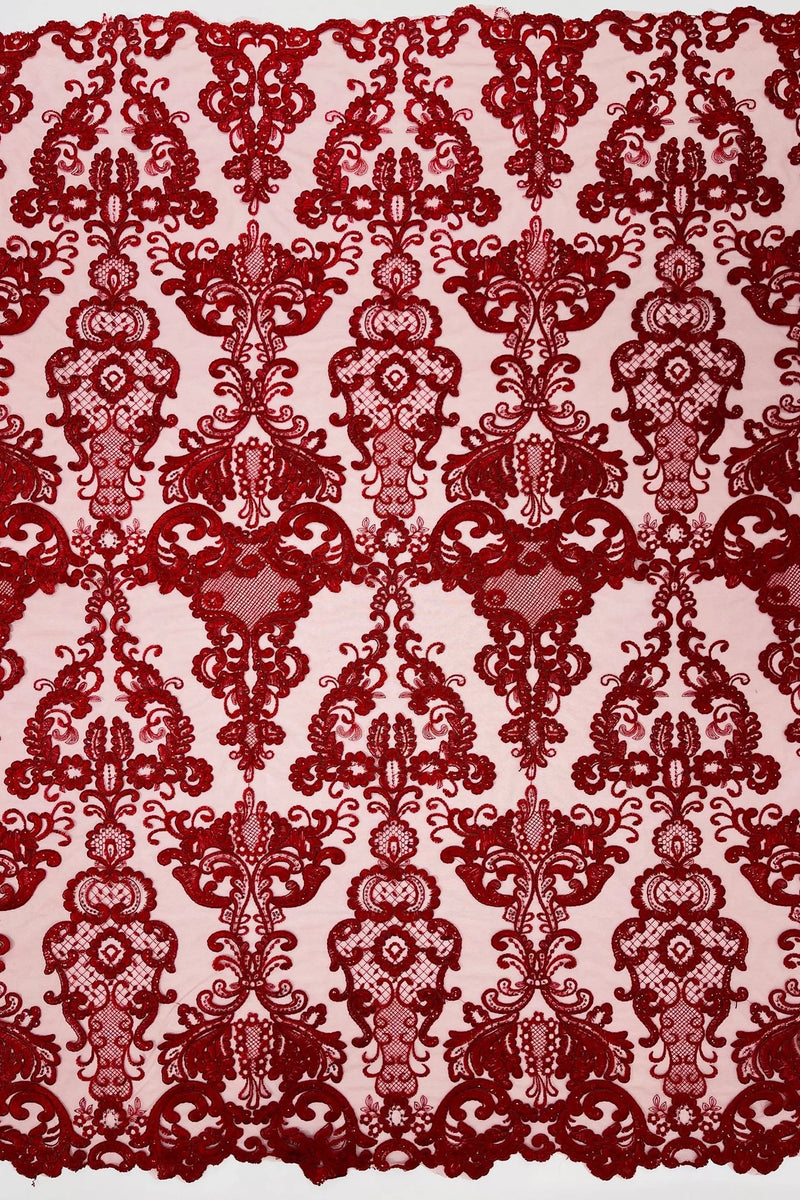 King Lace Design Fabric - Burgundy - King Design with Sequins Embroidered On Mesh By Yard