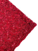 Metallic Floral Butterfly Fabric - Burgundy - Embroidered Floral Butterfly Design Mesh Fabric by Yard