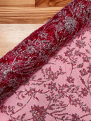 Floral Silver Bead Fabric - Burgundy - Beaded Flower Design with Sequins on Lace Mesh by Yard
