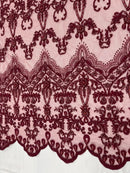 Damask Beaded Glam Fabric - Burgundy - Embroidery Beaded Fabric with Round Beads Sold By The Yard