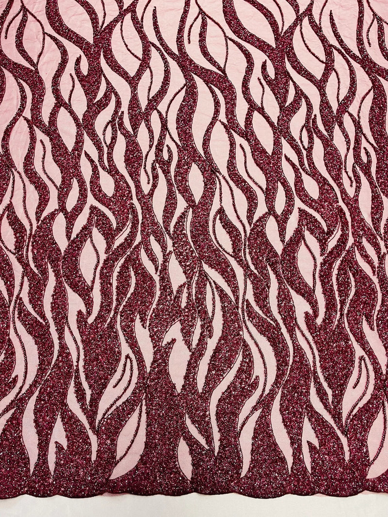 Flaming Fire Design Bead Fabric - Burgundy  - Beaded Embroidered Fabric By Yard