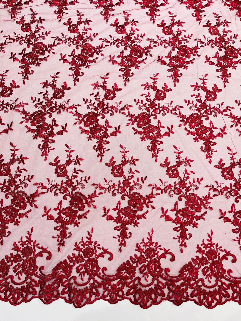 Plant Design Lace Fabric - Burgundy - Small Plant Flower Leaf Design Lace Fabric Sold By Yard