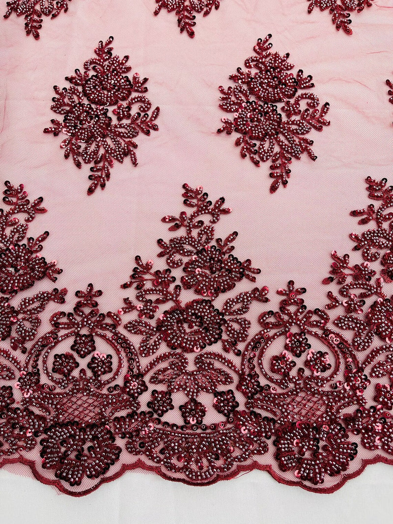 Heavy Bridal Lace Fabric - Burgundy - Floral Beaded Heavy Lace Fabric Sold by Yard