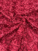 Sequins Satin Rosette Fabric - Burgundy - 3D Satin Rose Sequins Floral Fabric Sold By The Yard
