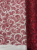 Swirl Design Bead Fabric - Burgundy - Beaded Swirl Design with Sequins on Mesh Lace by Yard