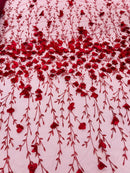 3D Glitter Floral Fabric - Burgundy - Floral Line Glitter Designs on Mesh Fabric Sold By Yard