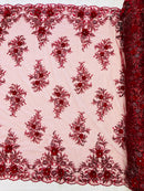 3D Rhinestone Flower Fabric - Burgundy - 3D Flower Beaded Clusters with Sequins and Rhinestones By Yard