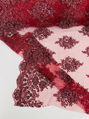 Heavy Bridal Lace Fabric - Burgundy - Floral Beaded Heavy Lace Fabric Sold by Yard
