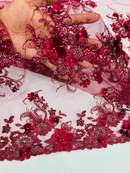 3D Flower Pearl Design - Burgundy - Embroidered Sequins Floral Clusters Lace Fabric By Yard