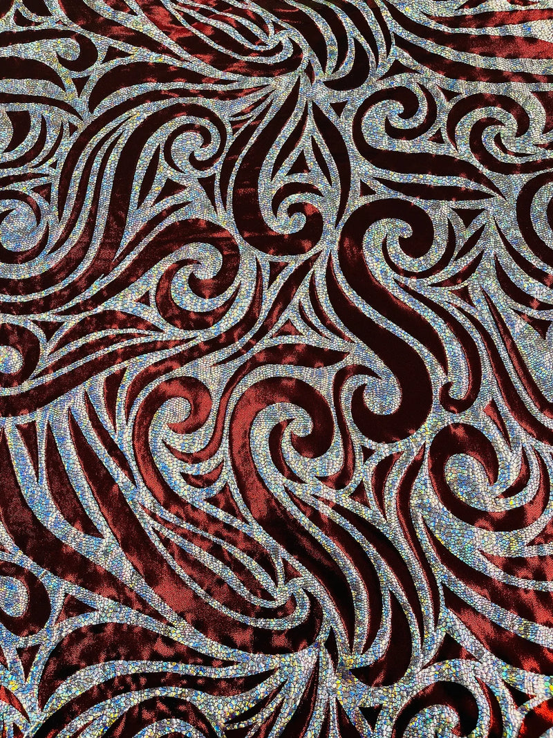 Tribal Swirl Design Spandex - Burgundy - 4 Way Stretch Milliskin Holographic Fabric by Yard