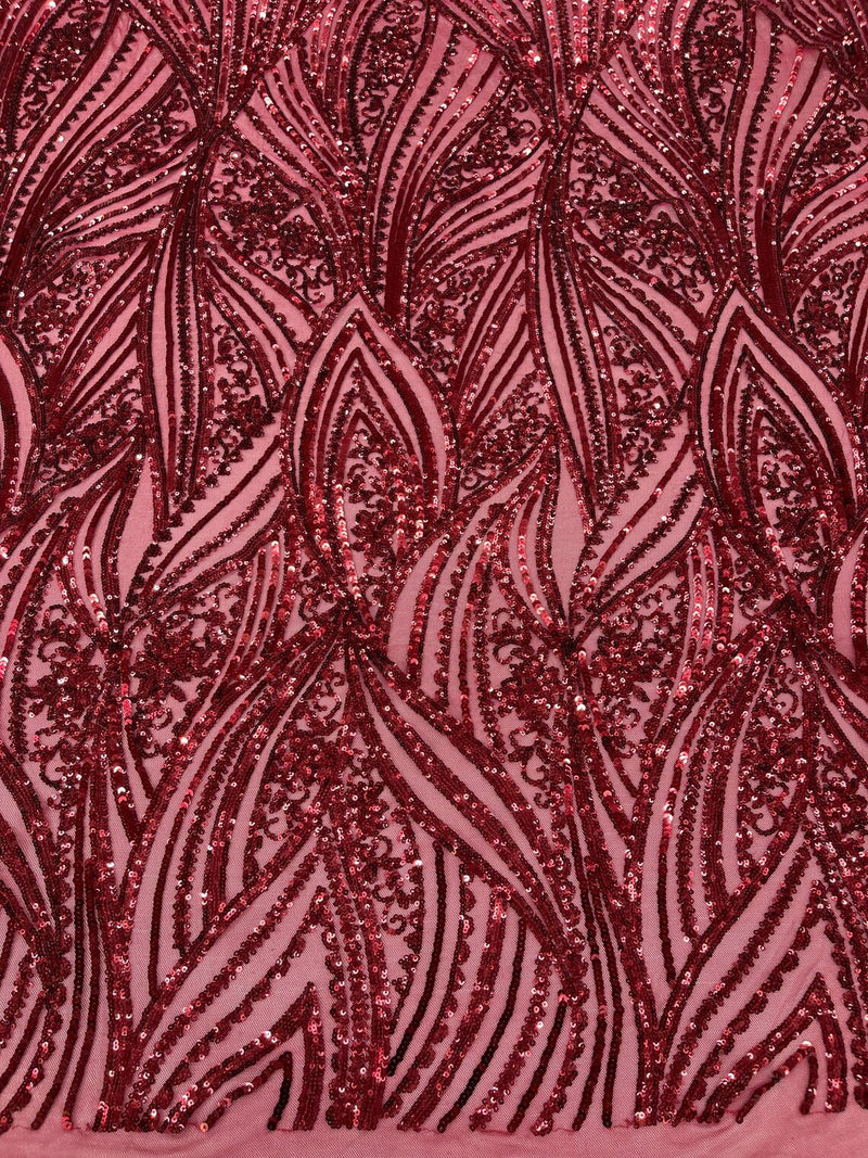 Curvy Design Sequins Fabric - Burgundy - 4 Way Stretch Curvy Sequins Design Mesh Fabric by Yard