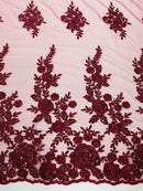 Rose Beaded Sequin Fabric - Burgundy - Embroidered Floral Pattern with Beads and Sequins By Yard