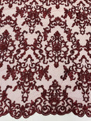 Beaded Butterfly Pattern Fabric - Burgundy - Damask Fancy Bead Sequins Fabric Sold by Yard