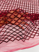 Diamond Net Sequins Fabric - Burgundy - Geometric Diamond Net Design on Mesh Lace Fabric By Yard