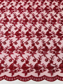 Metallic Floral Butterfly Fabric - Burgundy - Embroidered Floral Butterfly Design Mesh Fabric by Yard