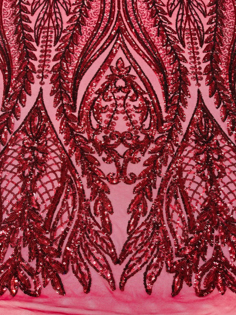 Mermaid Design Fabric - Burgundy - 4 Way Stretch Sequins Fabric on Lace Mesh Sold By Yard