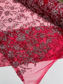 Floral Silver Bead Fabric - Burgundy - Beaded Flower Design with Sequins on Lace Mesh by Yard