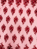 3D Floral Fabric with Pearls - Burgundy - Embroidered Flower and Leaf Patterns on Lace Fabric by Yard