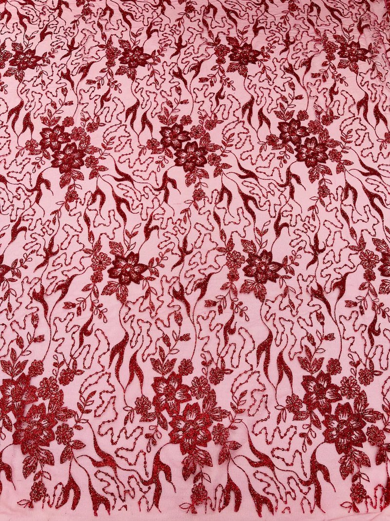 Floral Glitter Design Fabric - Burgundy - 3D Glitter Tulle Flower Plant Design Fabric By Yard