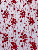 3D Floral Glitter Fabric - Burgundy - 3D Sequins and Glitter Floral Design on Mesh Sold By Yard