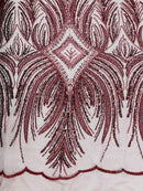 Beaded Line Fabric - Burgundy - Luxury Bridal Line Pattern Fabric With Beads, Sequins Sold By Yard
