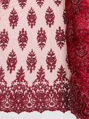 Embroidered Bead Fabric - Burgundy - Floral Damask Bead Bridal Lace Fabric by the yard