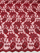 Metallic Floral Lace Fabric - Burgundy - Hologram Sequins Floral Metallic Thread Fabric by Yard
