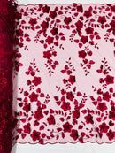 Floral 3D Pearl Fabric - Burgundy - Embroidered Double Border Flower Design Pearl Fabric By Yard