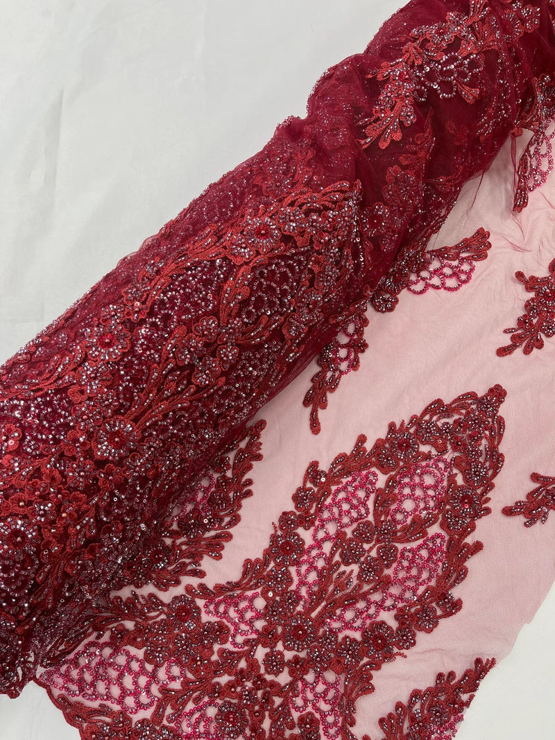 Beaded Floral Fabric - Burgundy - Luxury Bridal Floral Pattern Fabric With Beads, Sequins Sold By Yard