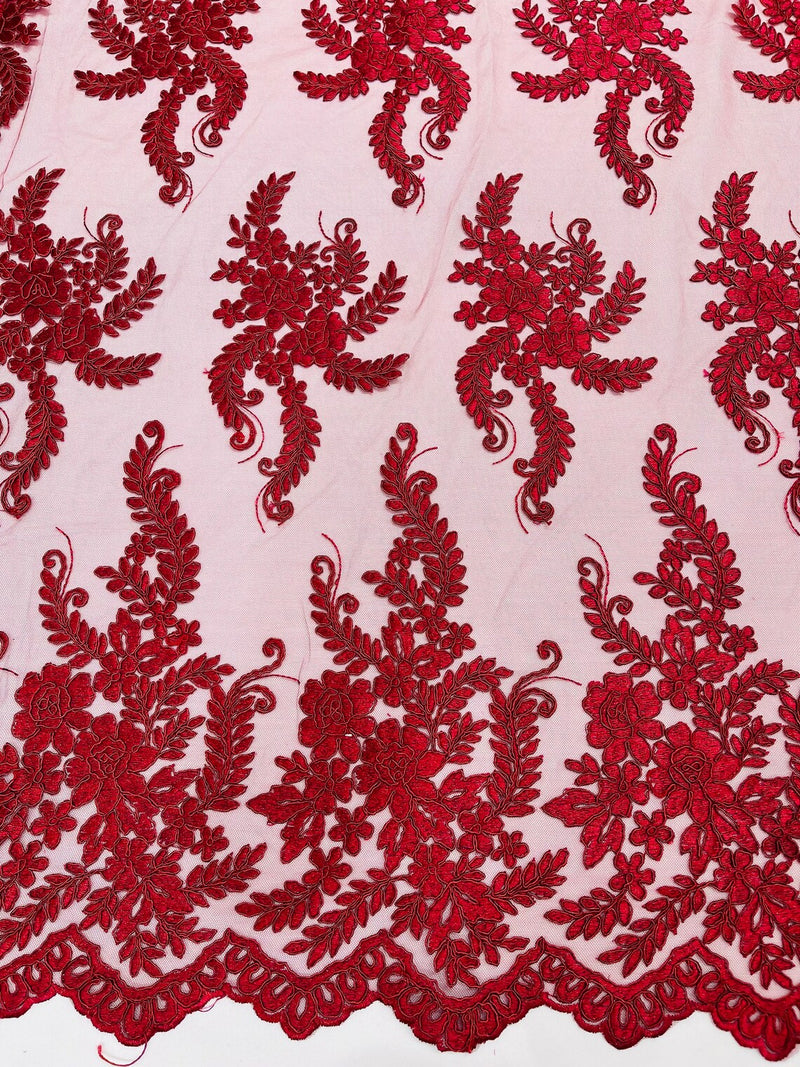 Braid Leaf Designs Lace Fabric - Burgundy - Embroidered Floral Leaf Pattern on Lace Mesh Fabric By Yard