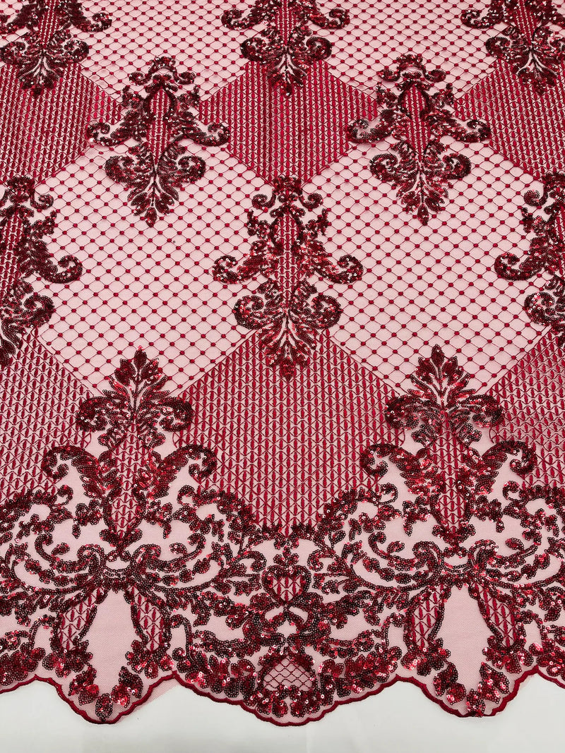 King Damask Lace Fabric - Burgundy - Corded Embroidery with Sequins on Mesh Lace Fabric By Yard