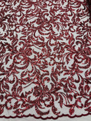 Floral Leaf Bead Fabric - Burgundy - Leaf Design Shiny Beads and Sequins on Lace Mesh by Yard