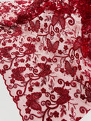 Butterflies Swirl Design - Burgundy -  Metallic Sequins Butterflies on Lace Fabric By Yard