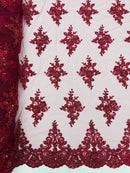Floral Damask Bead Fabric - Burgundy - Embroidered Floral Clusters with Beads / Sequins by Yard