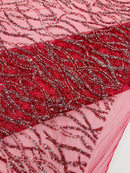 Beaded Wavy Fabric Design - Burgundy - Bead and Sequins Wavy Lace Fabric By Yard