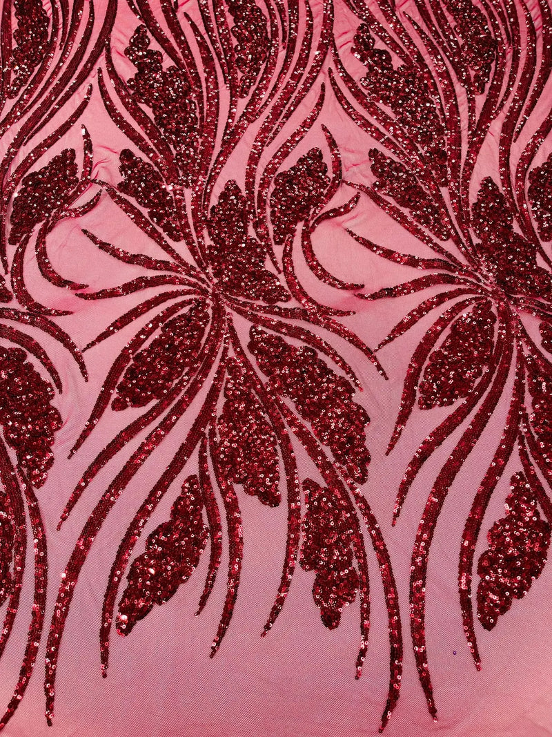 Wavy Leaf Design Fabric - Burgundy - 4 Way Stretch Sequins Lace Mesh Leaf Design Fabric by Yard