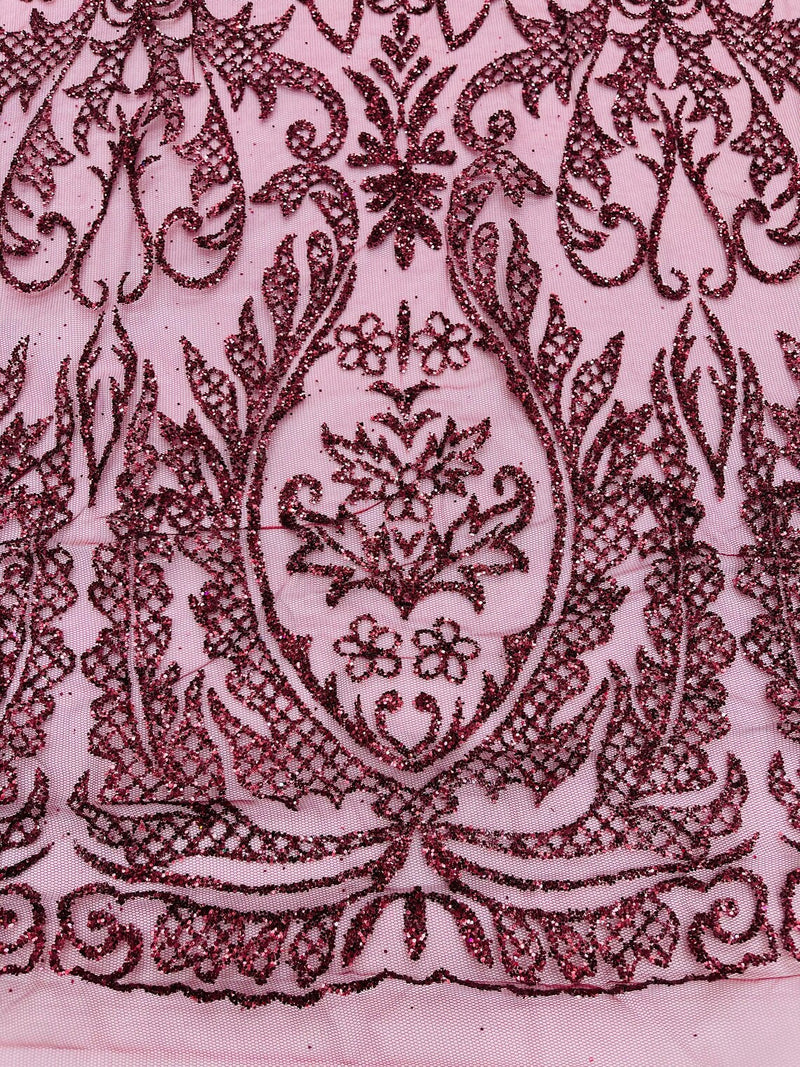 Beautiful Damask Design Glitter Fabric - Burgundy - Glitter Design on Lace Mesh Dress Fabric By Yard