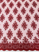 Isabela Design - Burgundy - Embroidery Beaded Fabric With Sequin on a Mesh Fabric by the yard