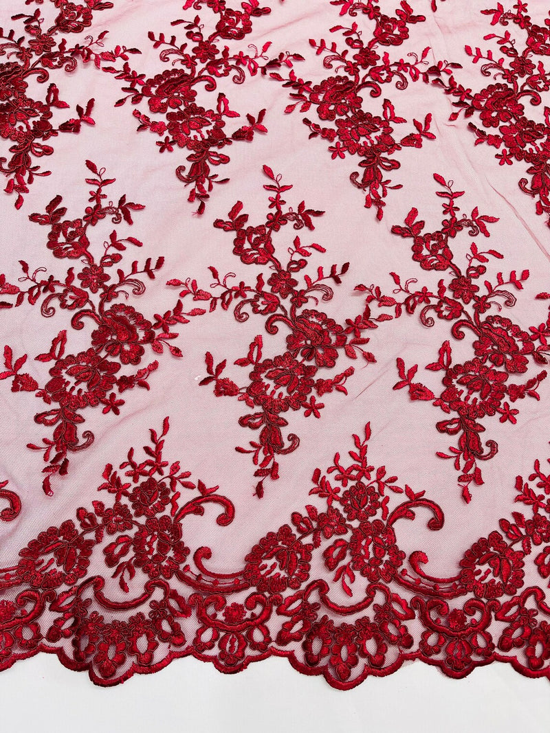 Plant Design Lace Fabric - Burgundy - Small Plant Flower Leaf Design Lace Fabric Sold By Yard