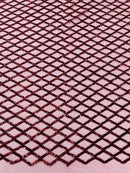 Diamond Net Sequins Fabric - Burgundy - Geometric Diamond Net Design on Mesh Lace Fabric By Yard