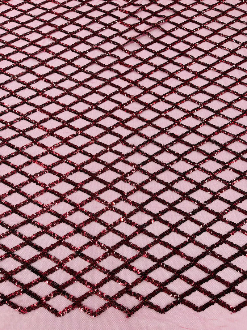 Diamond Net Sequins Fabric - Burgundy - Geometric Diamond Net Design on Mesh Lace Fabric By Yard