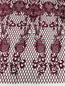 Damask Diamond Net Lace Fabric - Burgundy - Damask Design Embroidered on Lace Mesh Fabric by Yard