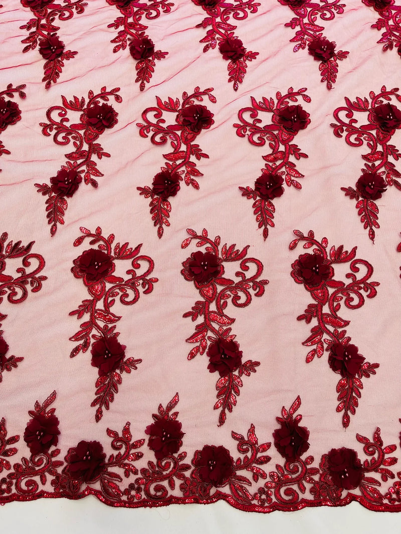 3D Floral Cluster with Border Lace - Burgundy - Flower with Leaves Design 3D Fabrics Sold By Yard