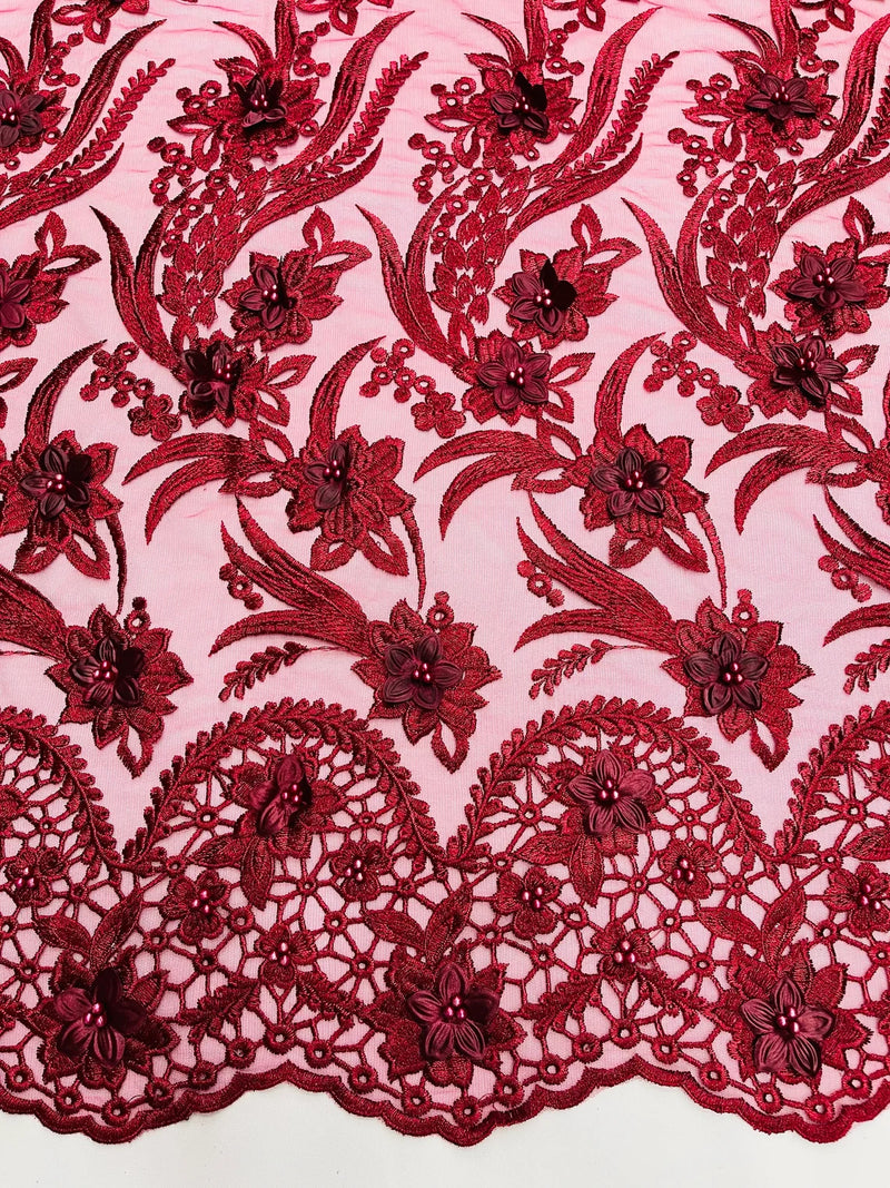 3D Floral Leaf Line Panels - Burgundy - 3D Embroidered Flower Lines with Pearls on Lace By Yard