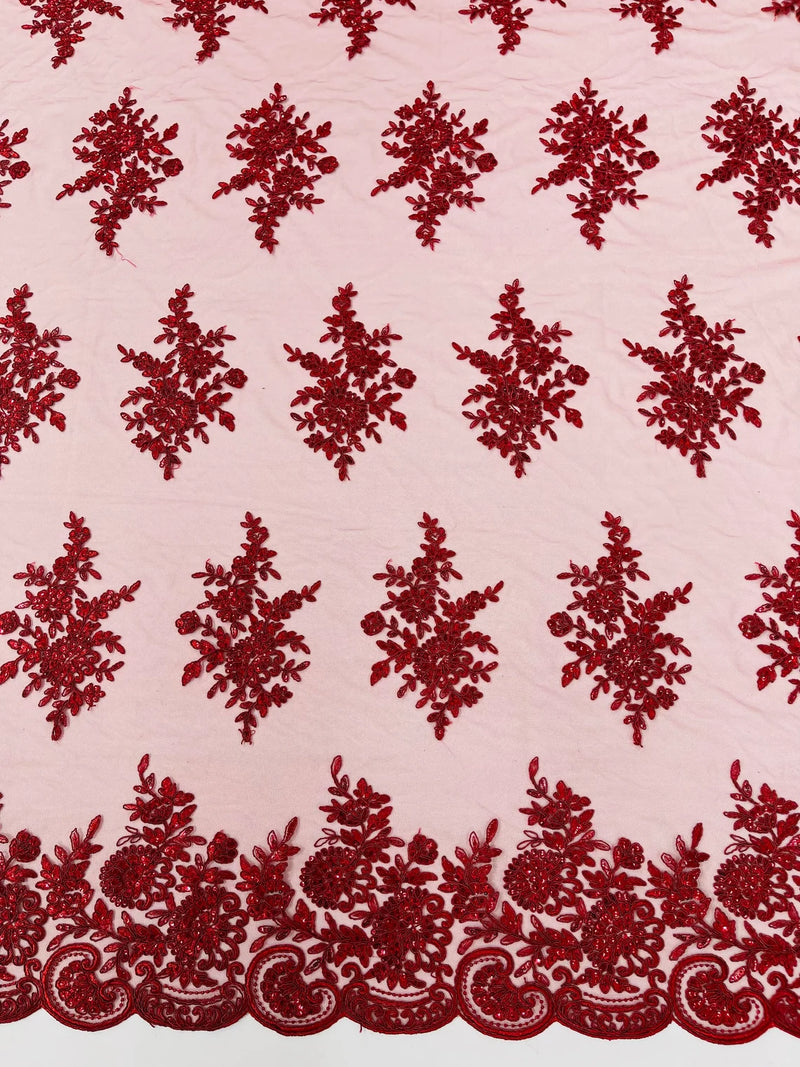 Flower Lace Sequins Fabric - Burgundy - Embroidered Floral Pattern Fabric with Sequins on Lace By Yard
