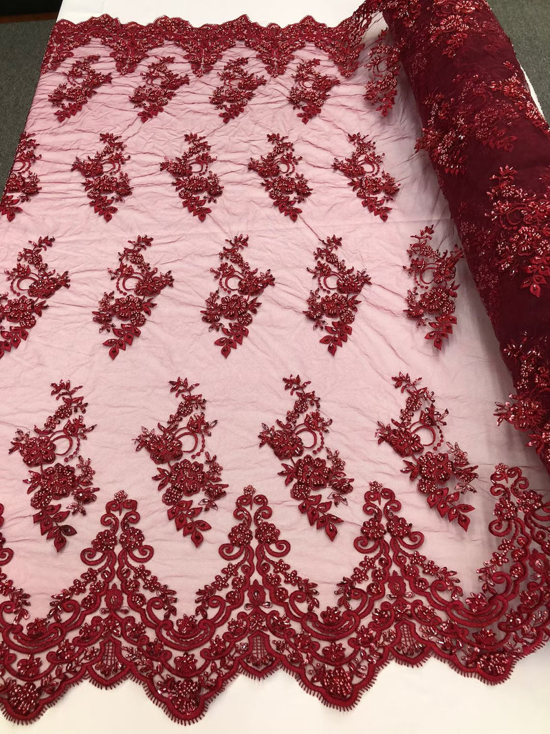 Floral Cluster Beaded Fabric - Burgundy - Embroidered Flower Beaded Fabric Sold By Yard