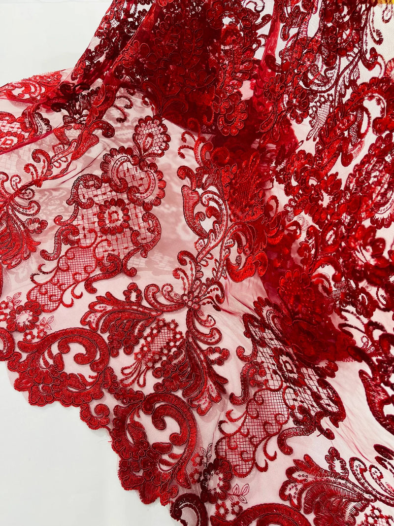 King Lace Design Fabric - Burgundy - King Design with Sequins Embroidered On Mesh By Yard