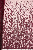 Flaming Fire Design Bead Fabric - Burgundy  - Beaded Embroidered Fabric By Yard