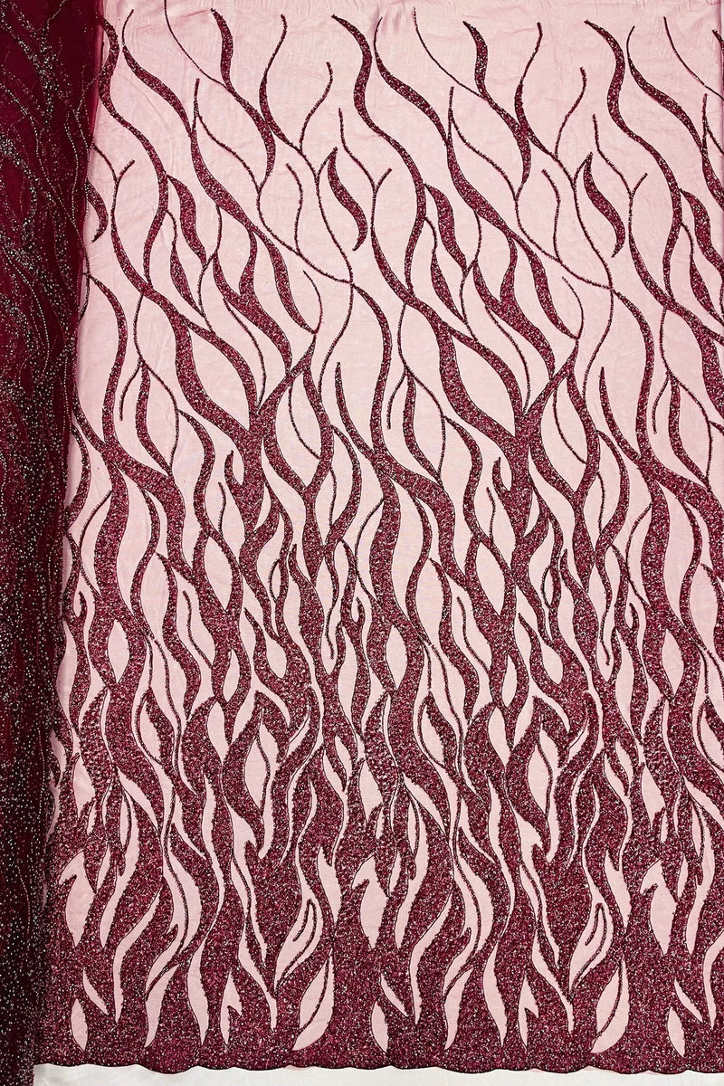 Flaming Fire Design Bead Fabric - Burgundy  - Beaded Embroidered Fabric By Yard